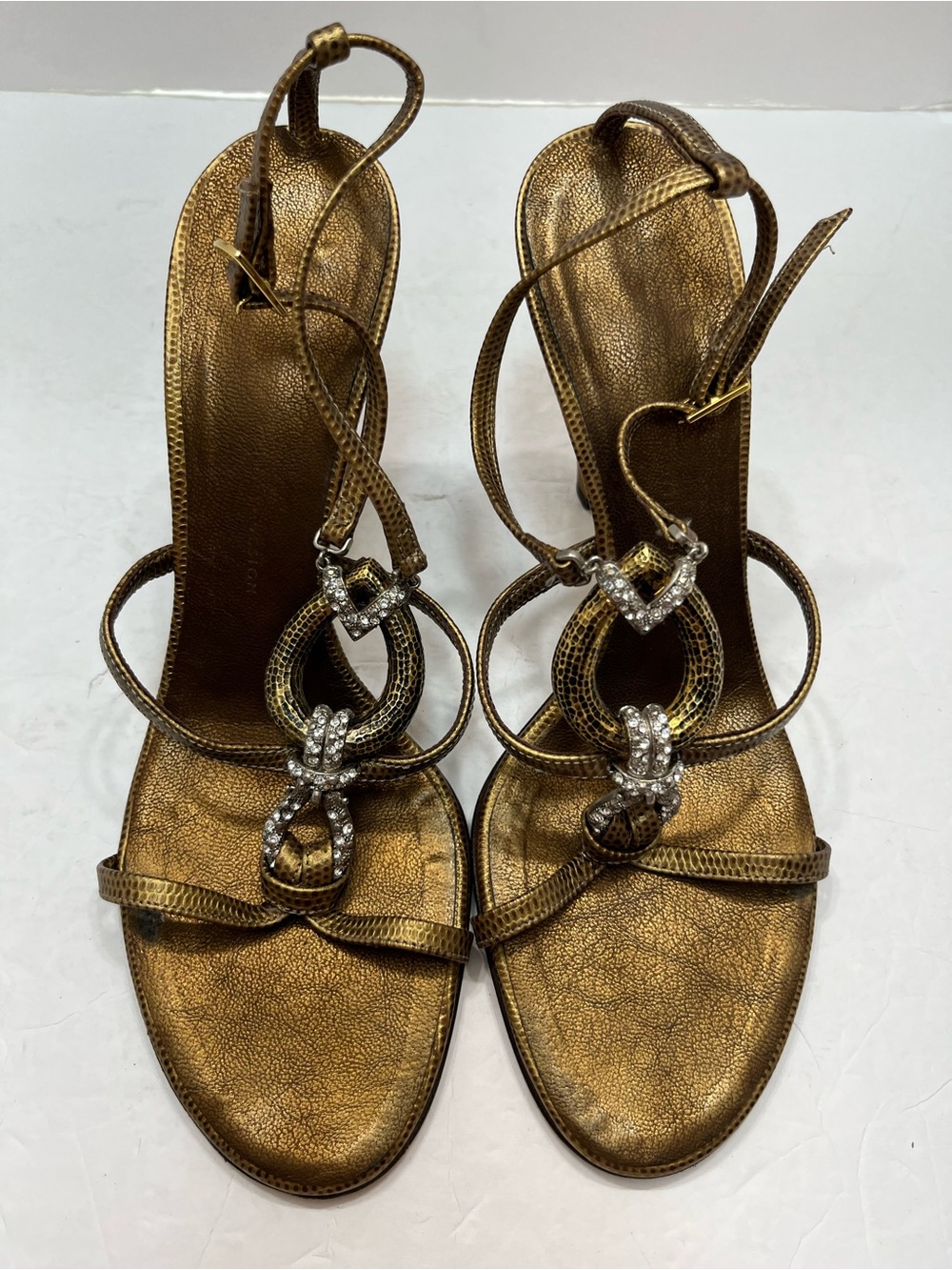 Vintage Vicini Giuseppe Zanotti Gold Crystal T-Strap Sandals Heels Size 9